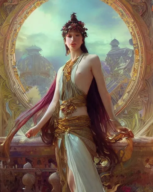 Prompt: a beautiful close up portrait of a sorceress floating on air with elegant looks, flowing robe, ornate and flowing, intricate and soft by ruan jia, tom bagshaw, alphonse mucha, krenz cushart, beautiful roman architectural ruins in the background, epic sky, vray render, artstation, deviantart, pinterest, 5 0 0 px models