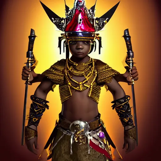 Image similar to a young black boy dressed like an african moorish warrior, wearing golden armor and a crown with a ruby and a black diamond in his forehead, posing with a very ornate glowing electric spear!!!!!!!!, for honor character digital illustration portrait design, by android jones in a psychedelic fantasy style, dramatic lighting, hero pose, wide angle dynamic action shot