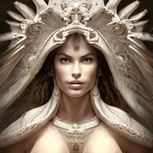 Image similar to A digital masterpiece illustration concept art of giant porcelain statue of Sofia Vergara as a greek goddess its top in the heaven, beautiful eyes, symmetrical face, symmetrical body, taiga landscape + inspired art by mark brooks, peter kemp + Extremely detailed and intricate complexity + epic composition, magical atmosphere, cinematic lighting + wide long shot, wide angle + trending on artstation + 8k