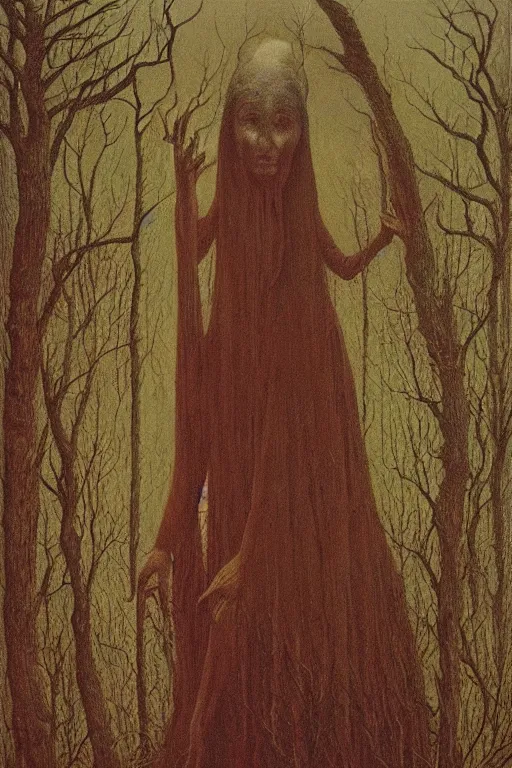 Image similar to zdzisław beksinski painting. a witch in the woods