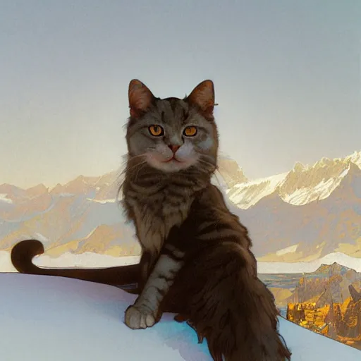 Image similar to Concept art, A shiny Ragdoll cat sitting by snow mountains, 8k, alphonse mucha, james gurney, greg rutkowski, john howe, artstation