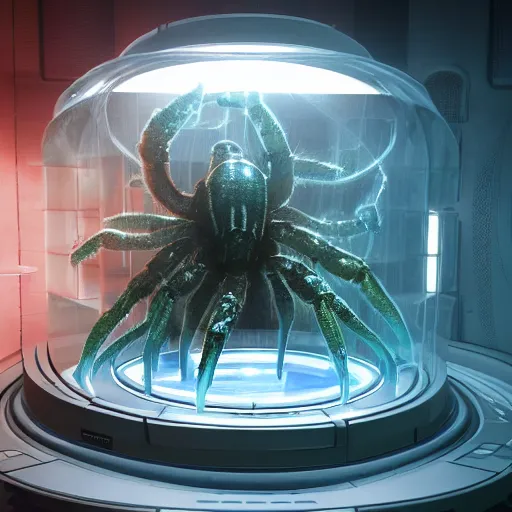 Prompt: slimy wet scorpion lovecraft alien tarantula blob monster trapped inside a large transparent science fiction mass effect glass containment chamber filled with liauid in a furnished science fiction spaceship laboratory, dramatic lighting, octane, trending on artstation, volumetric lighting — w 6 4 0