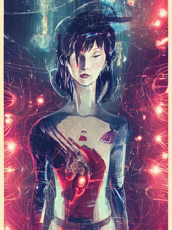 Image similar to a futuristic female geisha warrior, red hair made out of water, blade runner, akira, ghost in the shell, 2077, style of Laurie Greasley and Satoshi Kon + symmetric lights and smoke, psychedelic effects , glowing particles, neon rain, glowing runes, de-noise, symmetrical composition, high detailed + tarot card, ornate border, 8k,