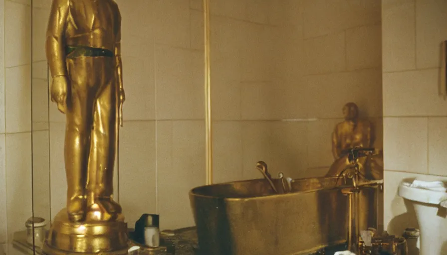 Image similar to movie still by tarkovsky portrait of a gold statue of lenin in the bathroom, cinestill 8 0 0 t 3 5 mm, heavy grain, high quality, high detail