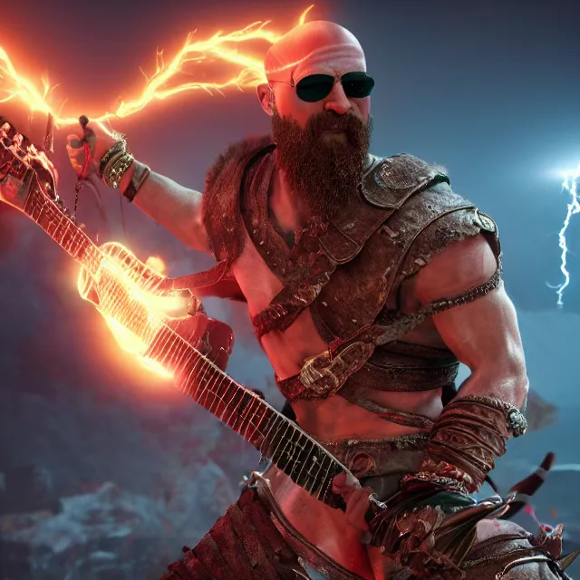 Prompt: sunglasses wearing kratos rocking out on a stratocaster guitar, cinematic render, god of war 2 0 1 8, playstation studios official media, sunglasses, lightning, flames, red stripe tattoo
