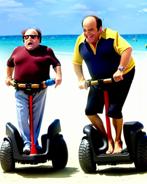 Prompt: Danny Devito as Gob in Arrested Development, riding on a Segway on the beach