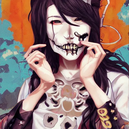 Image similar to anime manga skull portrait young woman skeleton, artgerm, painterly, impressionist, graffiti, key lighting, art by jc leyendecker and sachin teng