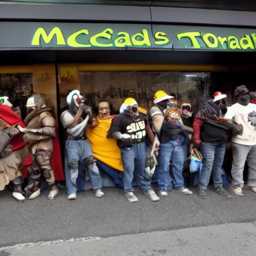 Prompt: orcs standing outside of a McDonald’s, protesting, the working conditions-n 9