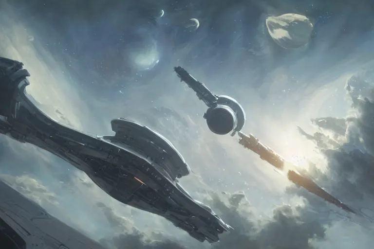 Image similar to hyper realistic sci - fi matte concept art painting of a starship above earth, beautiful details, strong composition painted by kim jung guweta studio rutkowski, james gurney and greg rutkowski, and lucasfilm, smooth, intricate, detailed, sharp focus, cinematic