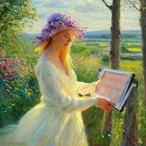 Image similar to blonde woman, dress, swedish countryside, archipelago, morning, masterpiece, highly detailed, beautiful, atmospheric, impressionism, painting by Vladimir Volegov