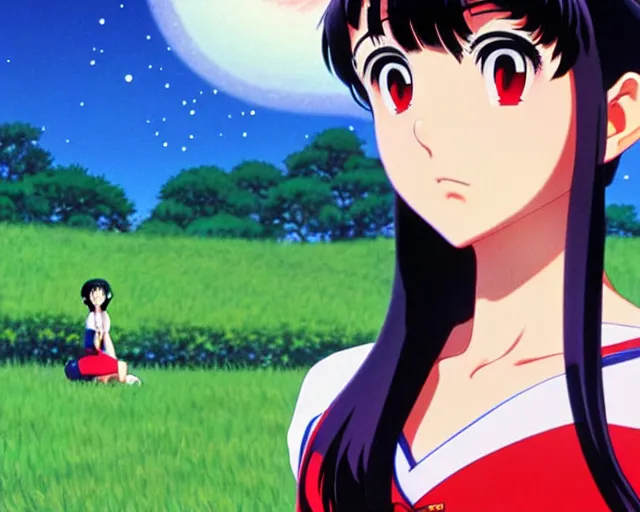 Image similar to Rei Hino from Sailor Moon, park in background, bokeh. anime masterpiece by Studio Ghibli. illustration, sharp high-quality anime illustration in style of Ghibli, Ilya Kuvshinov, Artgerm