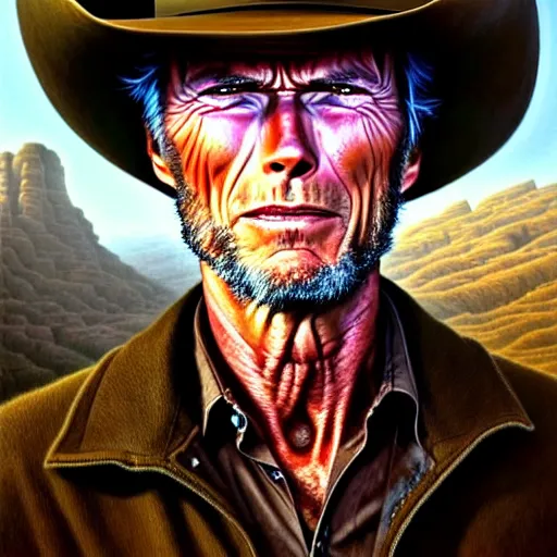 Image similar to closeup portrait shot of clint eastwood wearing a cowboy hat in a scenic dystopian environment, intricate, elegant, highly detailed, centered, digital painting, artstation, concept art, smooth, sharp focus, illustration, artgerm, tomasz alen kopera, peter mohrbacher, donato giancola, joseph christian leyendecker, wlop, boris vallejo