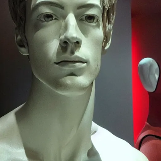 Image similar to “a realistic detailed photo of a guy who is an attractive humanoid who is half robot and half humanoid, who is a male android, actor Grant Gustin, shiny skin, posing like a statue, blank stare, at the museum, on display”