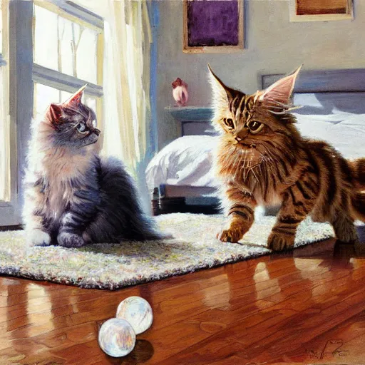 Image similar to cream color maine coon cat chasing a cat-toy-ball in a sunlit bedroom, hardwood floors with a colorful tattered old throw rug, bay window sofa in the background, fun, energetic, amusing, cute, funny, in style of Robert Hagan, trending on art station