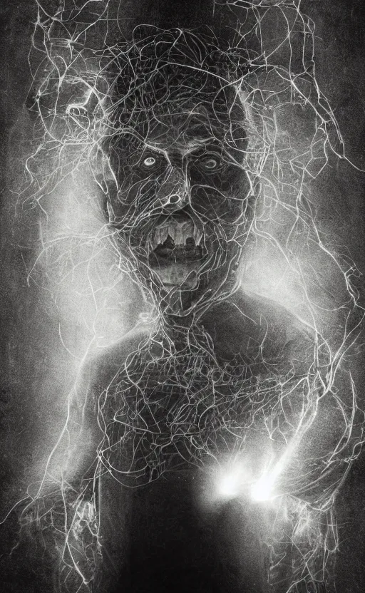 Image similar to portrait of lovecraftian jay bauman surrounded by beams of light dark background by wayne barlow, stanley donwood, anton semenov, zdzislaw bekinski, hr giger, 8 k, fantasy, dark, highly detailed