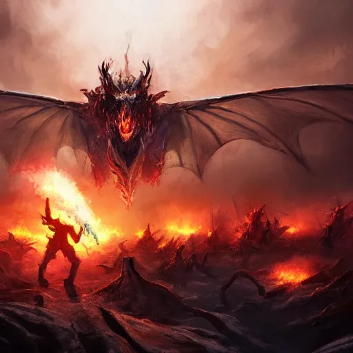 Prompt: a beautiful digital artwork depicting a battle between a dragon breathing fire and a helpless army of soldiers, apocalyptic, intense, artstation, matte painting, concept art, contrast, 4 k, very detailed