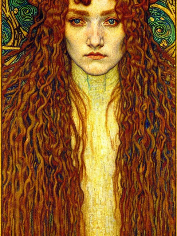 Image similar to detailed realistic beautiful young medieval queen face portrait by jean delville, gustav klimt and vincent van gogh, art nouveau, symbolist, visionary, gothic, pre - raphaelite, muted earthy colors, desaturated