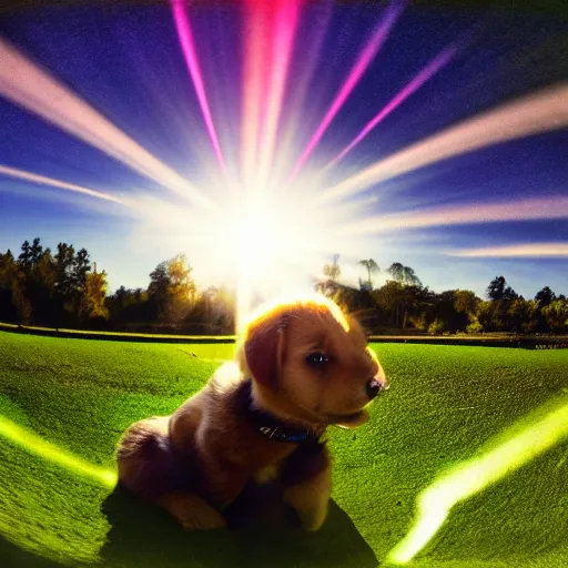 Image similar to This is a photo of a puppy. The puppy is happy. Tilt-shift fisheye photo. Light painting. God rays.