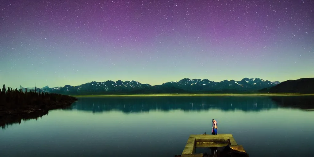 Image similar to Le Corbusier architecture next to Alaskan Lake, night time stars, northern lights, reflections, award winning photography