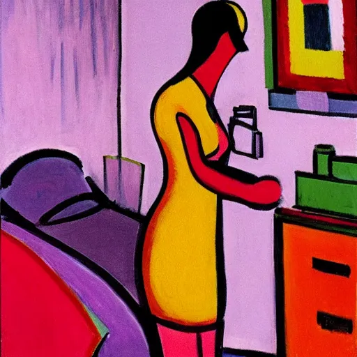 Prompt: representation of a beautiful girls in her room in the style of Alexej von Jawlensky, Russian painter