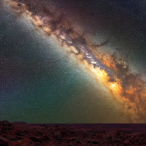 Image similar to Milky Way as seen in the night sky from spiky rock surface of an alien planet located in a different part of the galaxy, NASA true color 8k image, high detail