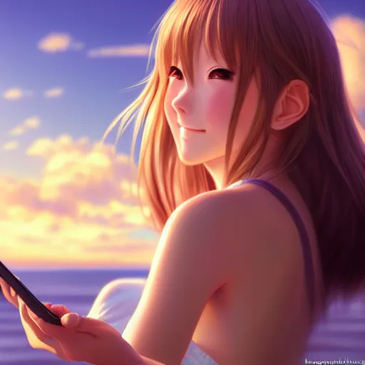 Image similar to beautiful serene intricate very detailed portrait of a realistic anime girl taking a selfie, smiling softly, wearing casual clothes, relaxing on the beach, golden hour, soft focus, 8 k, art by irakli nadar, hyperrealism, hyperdetailed, ultra realistic