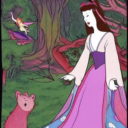 Prompt: A detailed experimental art of Princess Aurora singing in the woods while animals look on. The colors are light and airy, with a hint of mystery in the shadows. The overall effect is dreamlike and fairy-tale like. Korean folk art, alizarin by Dave Gibbons