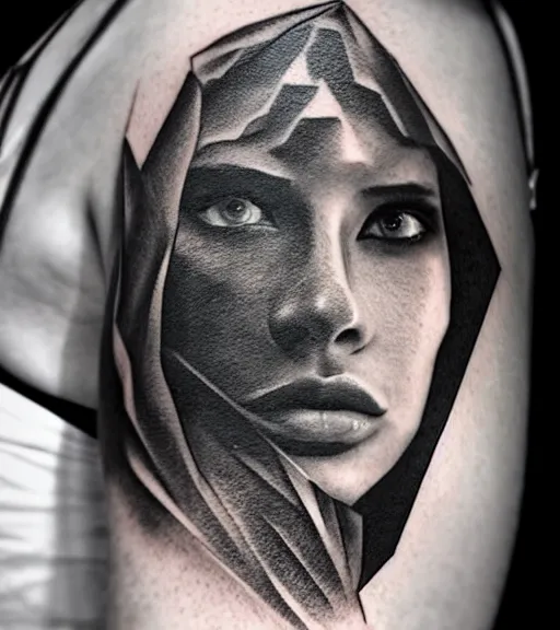 Image similar to amazing blend effect on a beautiful woman face and mighty mountains, tattoo design sketch, hyper - realistic, in the style of matteo pasqualin, amazing detail, black and white