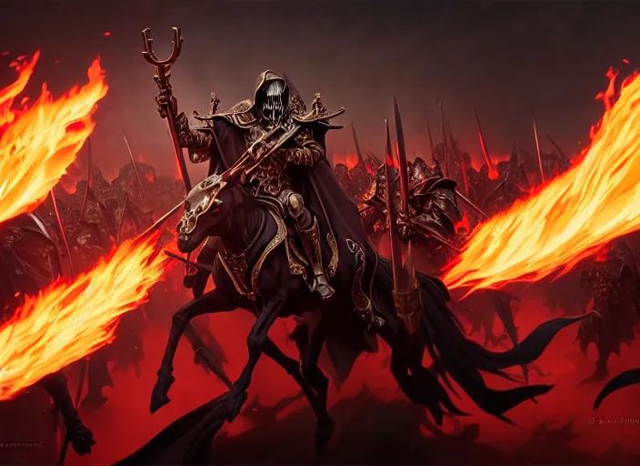 Image similar to ainz ooal gown leading his undead army to battle riding a flaming horse, undead soldiers in background, highly detailed, deep focus, elegant, artstation, digital painting, smooth, sharp focus, illustration, ultra realistic, 8 k, art by artgerm and greg rutkowski and alphonse mucha