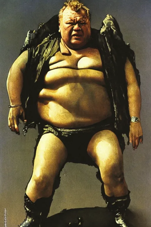 Image similar to dynamic upper body portrait of ray winstone as baron harkonnen in 1982 movie dune, by norman rockwell and boris vallejo