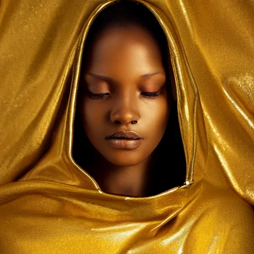 Image similar to a portrait of a young black woman wearing a long dark cloak, hood and shadows covering face, wearing shiny gold, oil painting, matte painting, black background, Volumetric Golden dappled dynamic lighting, Highly Detailed, Cinematic Lighting, Unreal Engine, 8k, HD, by Beksinski