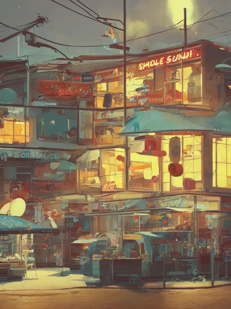 Image similar to a little donutshop in a painting from stalenhag, 4 k, 8 k, hdr, artstation, concept art