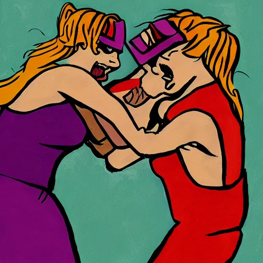 Image similar to angry women fight each other, vivid colors, high detail,