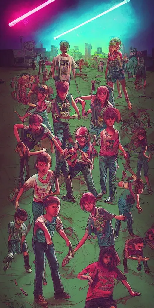 Image similar to young punk rockers fighting against zombies at the playground, by baseball bat in the retro wave stranger things style, neon colors, hyper detailed, digital art, cinematic lighting, concept art by artgerm and greg rutkowski and caravaggio and moebius and jakub rebelka