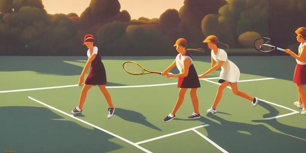 Prompt: tennis game in santa rosa, summer evening, kenton nelson