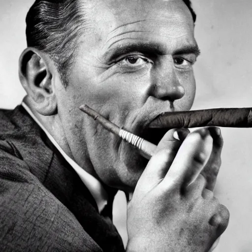 Prompt: detailed sharp photograph in the style of popular science circa 1 9 5 5 of a used car salesman smoking a cigar