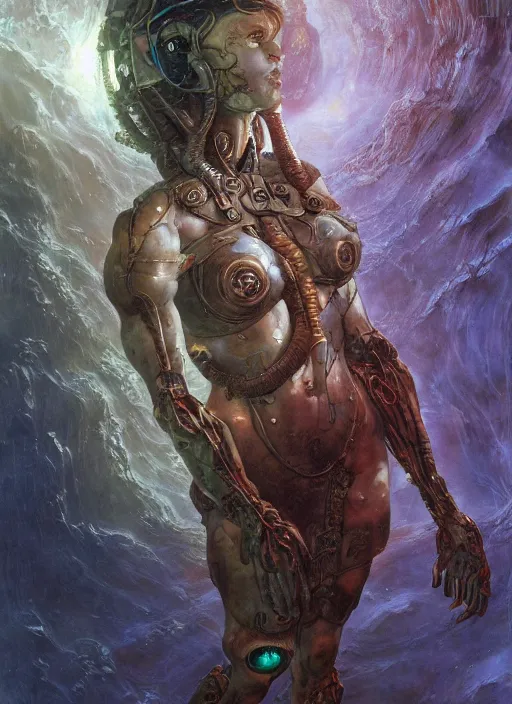 Prompt: biblical cyborg girl, glowing veins subsurface scattering, deep sea of planet jupiter, underwater photography, by gerald brom, by mikhail vrubel, by peter elson, muted colors, extreme detail, trending on artstation, 8 k