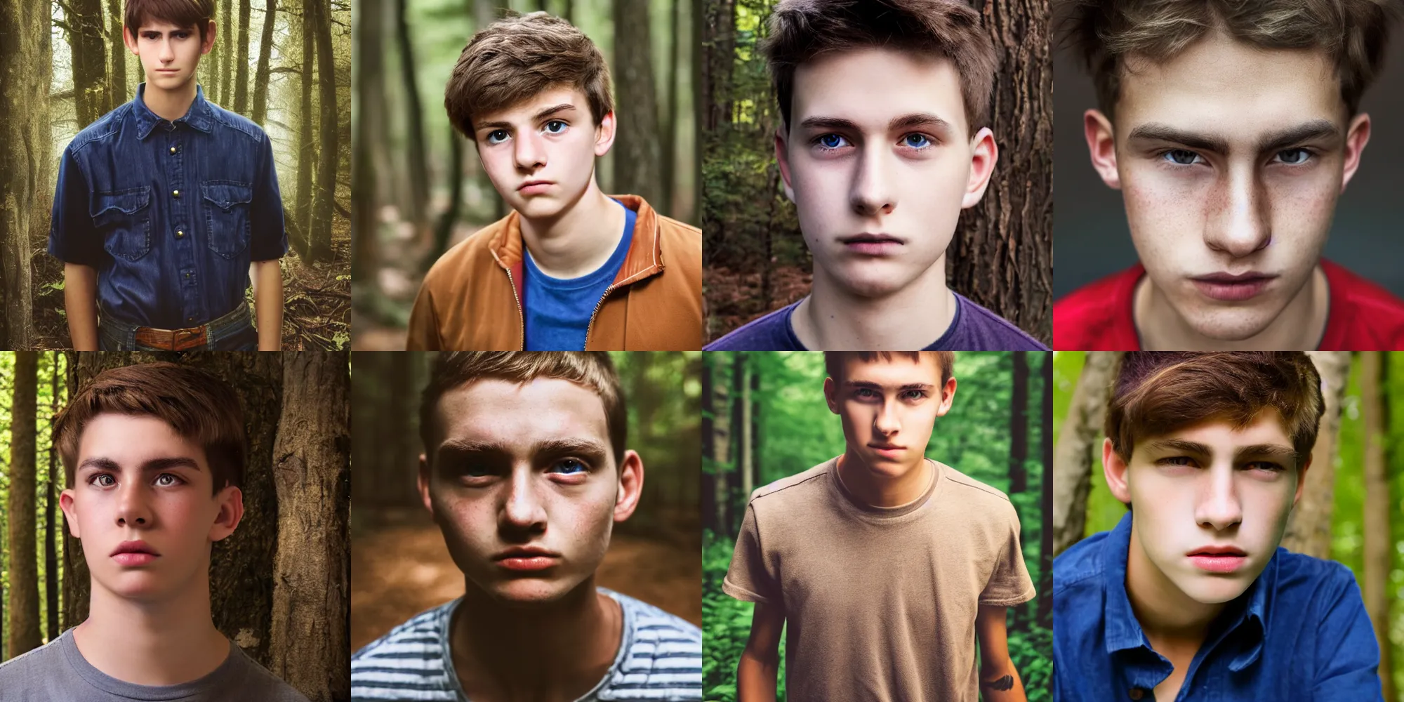 Prompt: portrait, male teenager, dark shaped eyes, brown hair, thin eyebrows, red shirt, blue jeans, walking in forest, detailed face, realistic photo.