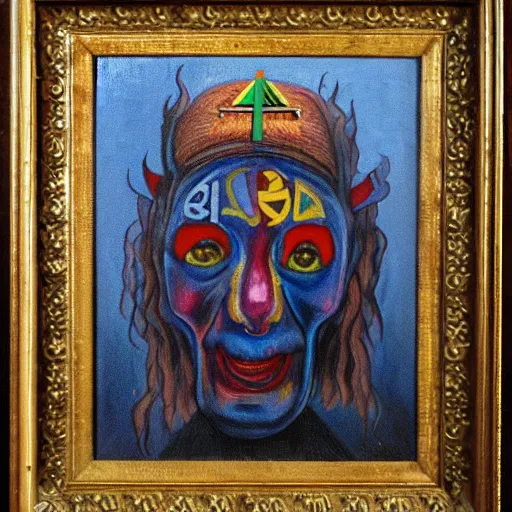 Image similar to portre of an autistic demon on acid, masonic and kabalistic symbols in background, oil painting