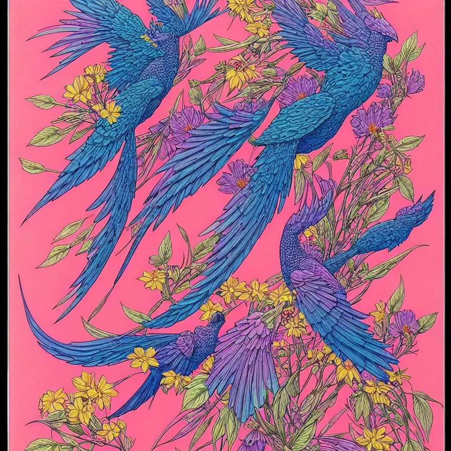 Prompt: ( ( ( ( beautiful flowers and birds, with decorative frame design ) ) ) ) by mœbius!!!!!!!!!!!!!!!!!!!!!!!!!!!, overdetailed art, colorful, artistic record jacket design