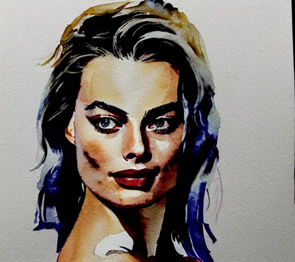 Image similar to A portrait of margot robbie made out of watercolor, trending on artstation