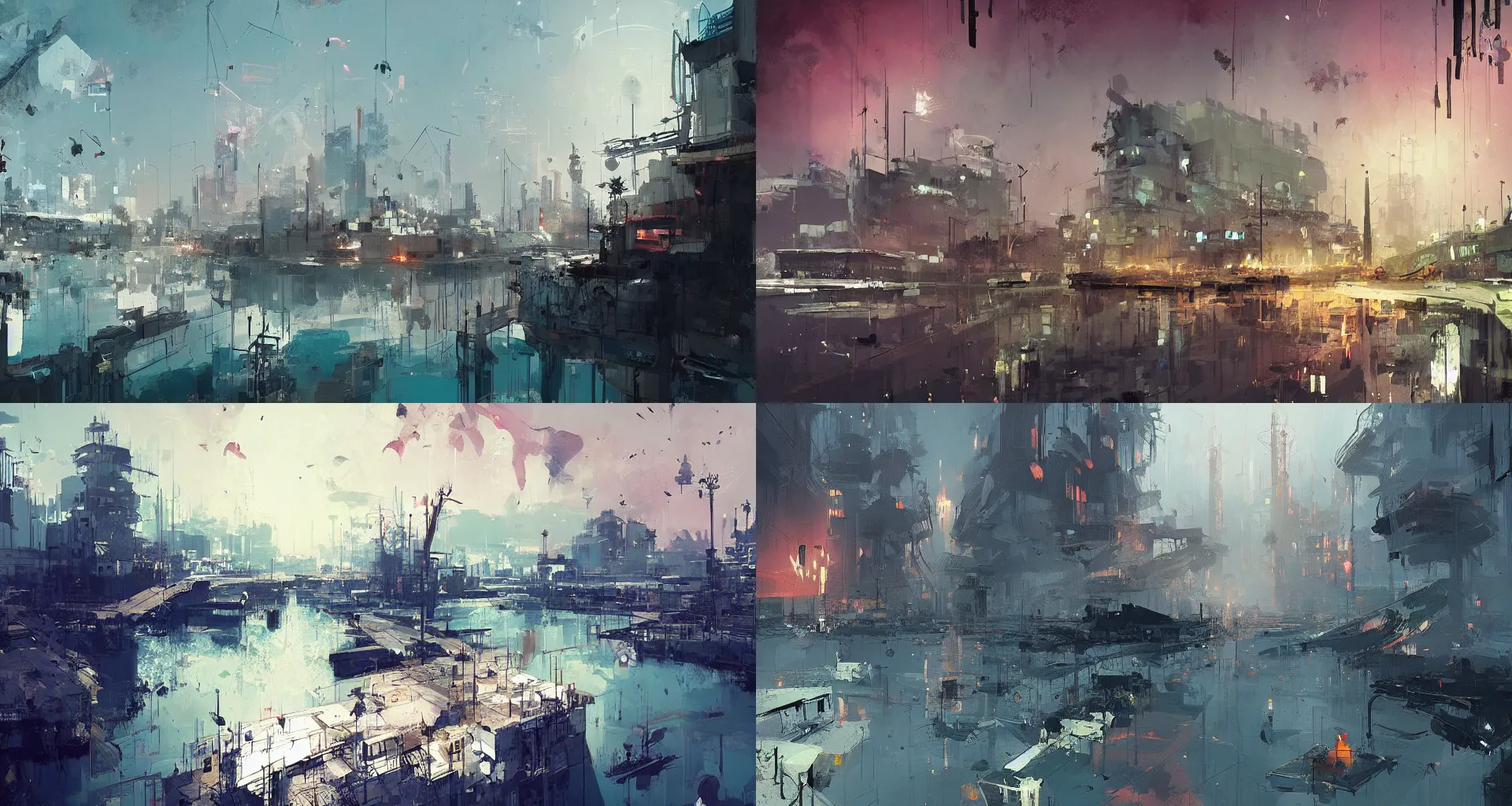 Prompt: port city, art by ismail inceoglu