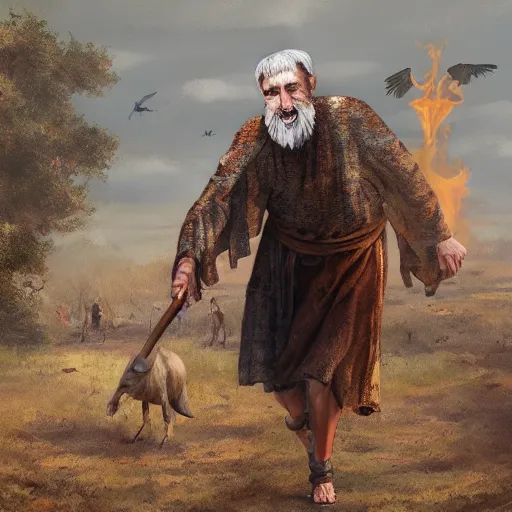 Prompt: elderly man in Biblical outfit chases away buzzards, in the background is a firepot between the halves of sacrificed animals oil, digital art, trending on artstation