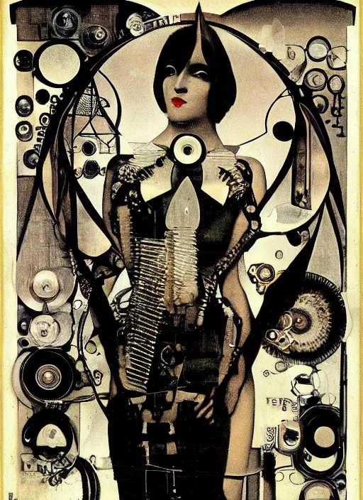 Prompt: cute punk goth fashion fractal alien martian girl with wearing a television tube helmet and kimono made of circuits and leds, surreal Dada collage by Man Ray Kurt Schwitters Hannah Höch Alphonse Mucha Beeple