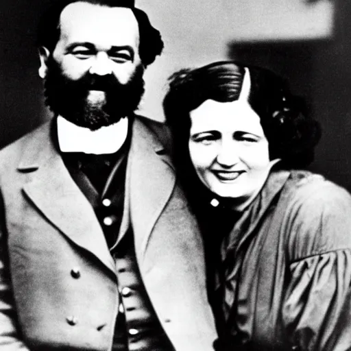 Image similar to Karl Marx and Ayn Rand laughing an hugging, photo, 1920, salon backround