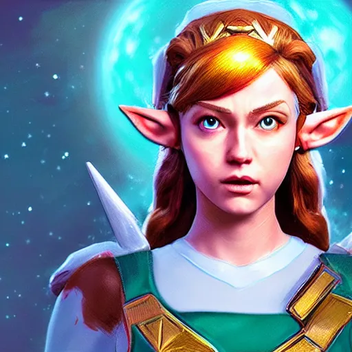 Prompt: A hyper real comic book style portait painting of Zelda the princess on the moon, unreal 5, hyperrealistic, octane render, cosplay, RPG portrait, dynamic lighting