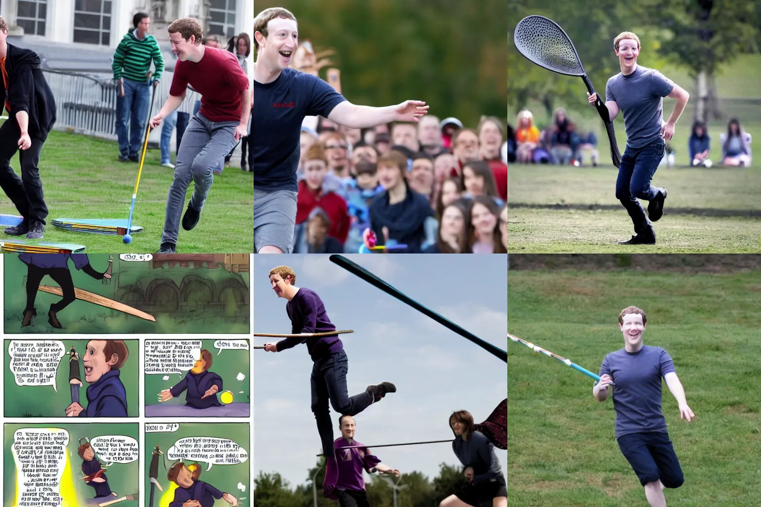 Prompt: Mark Zuckerberg on a flying broomstick playing Quidditch