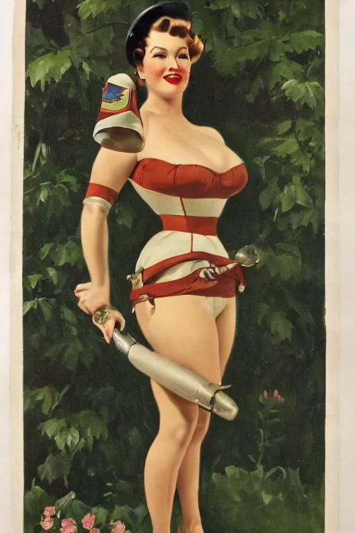 Image similar to a portrait one full body pin up post war dressing a military unioform,garden backgound Gil Elvgren style,center composition,anatomic correct