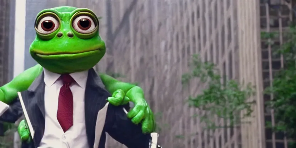 Prompt: pepe the frog in a wolf of wall street movie, 4 k resolution, cinematic light, still, stunning scene