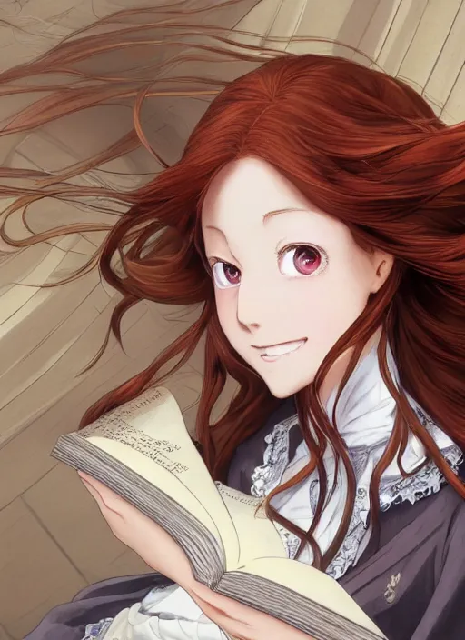Prompt: a close up of a victorian maid with long flowing auburn hair sitting on a bed holding a book. cute anime eyes. by makoto shinkai, stanley artgerm lau, wlop, rossdraws, james jean, andrei riabovitchev, marc simonetti, krenz cushart, sakimichan, trending on artstation, digital art.